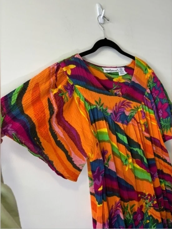 Vintage 90s Y2K Boho Tropical Print Midi Dress Multicolored Bright 1X - Picture 4 of 6